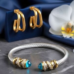 18k Gold Plated Cable Cuff Bracelet 💎 Turquoise Crystals ✨➕️ FREE Earrings